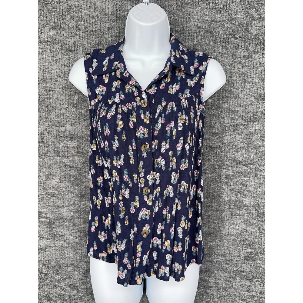 WallFlower Shirt Womens L Blue Pineapple Print Button Front Sleeveless Top